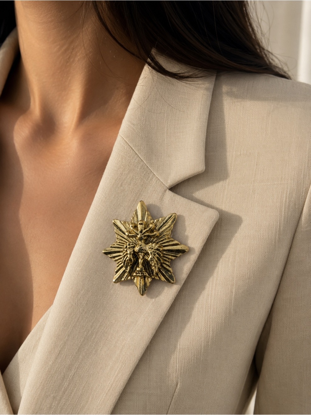 Gold Lion Starburst Brooch - Women's Fashion Jewelry